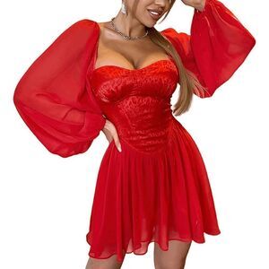 ❤️ Long Lantern Sleeve Satin Corset Cocktail Party Red Swing Dress SIZE L NEW